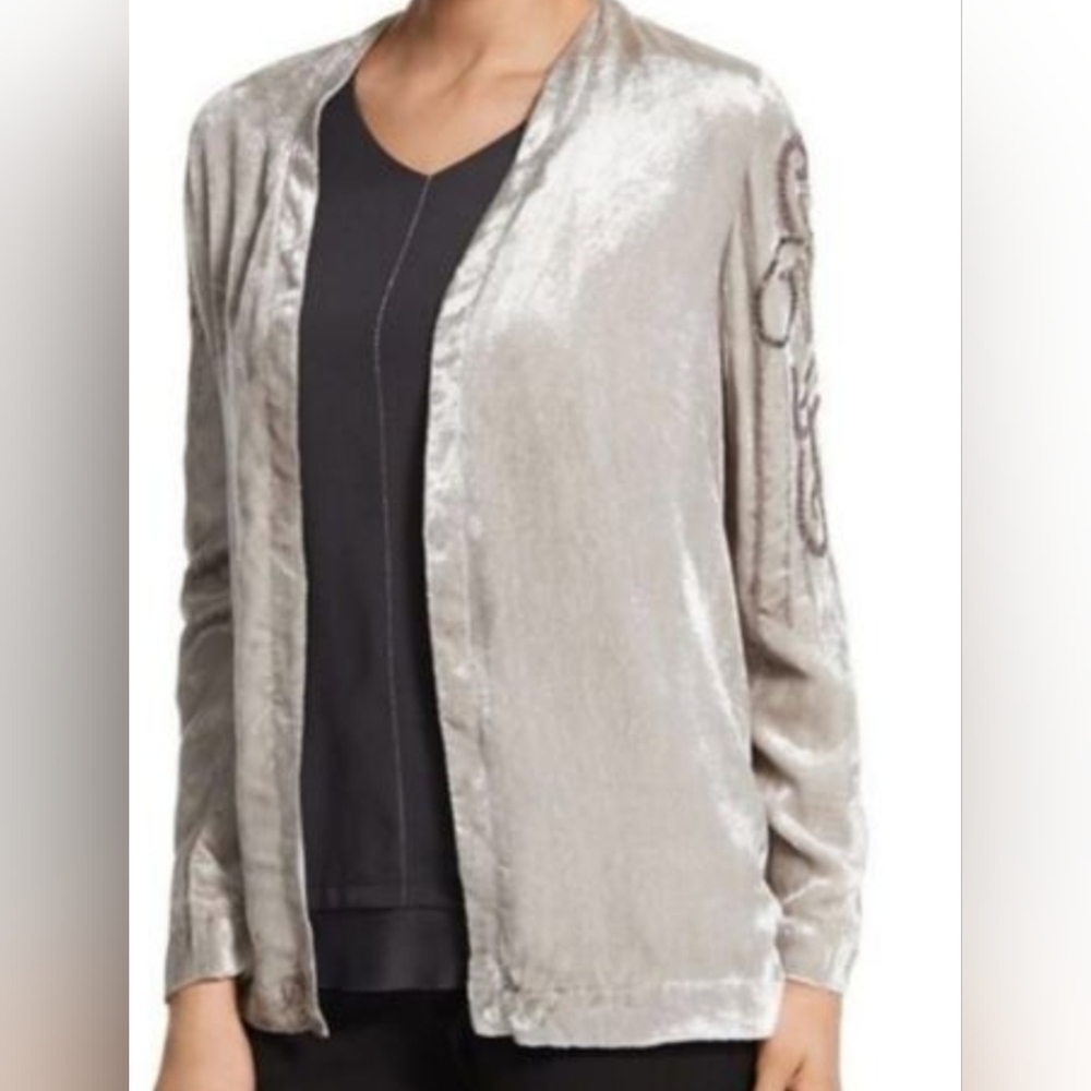 Chicos Jacket Velvet Embellished Beaded Open Front Silver Woman Sz 1 ( MED/8)